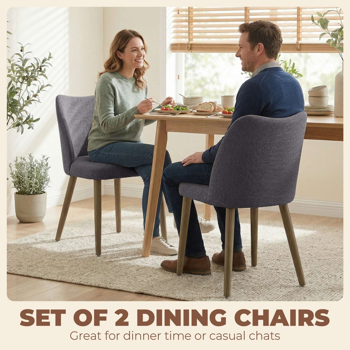 Chairs Set of 2, Linen Upholstered Kitchen Chairs with Padded Seat, Curved Backrest, Rubberwood Legs, Dark Grey