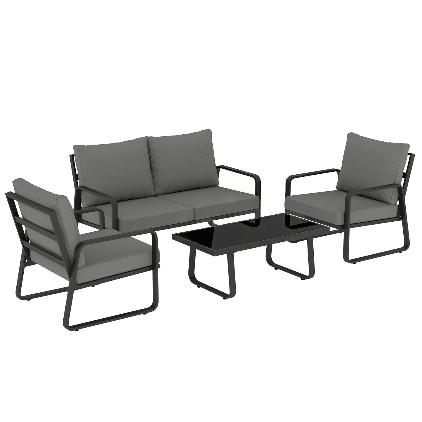 4-Piece Garden Sofa Set | Loveseat, 2 Armchairs & Glass Table | 16cm Cushions | Zip Covers | Black