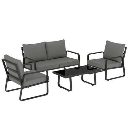 4-Piece Garden Sofa Set | Loveseat, 2 Armchairs & Glass Table | 16cm Cushions | Zip Covers | Black