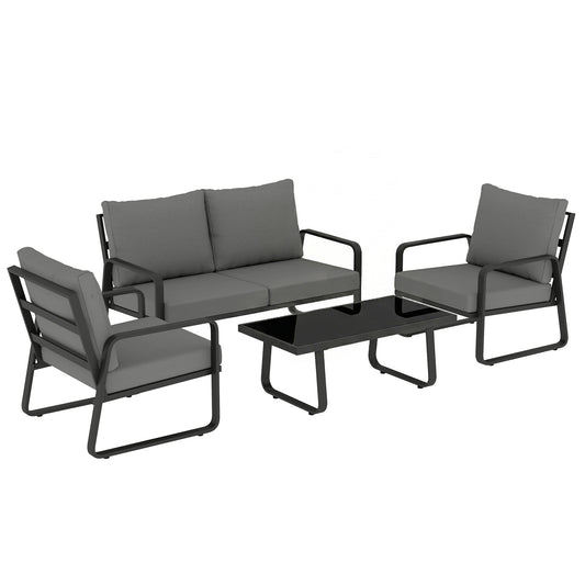 4-Piece Garden Sofa Set | Loveseat, 2 Armchairs & Glass Table | 16cm Cushions | Zip Covers | Black