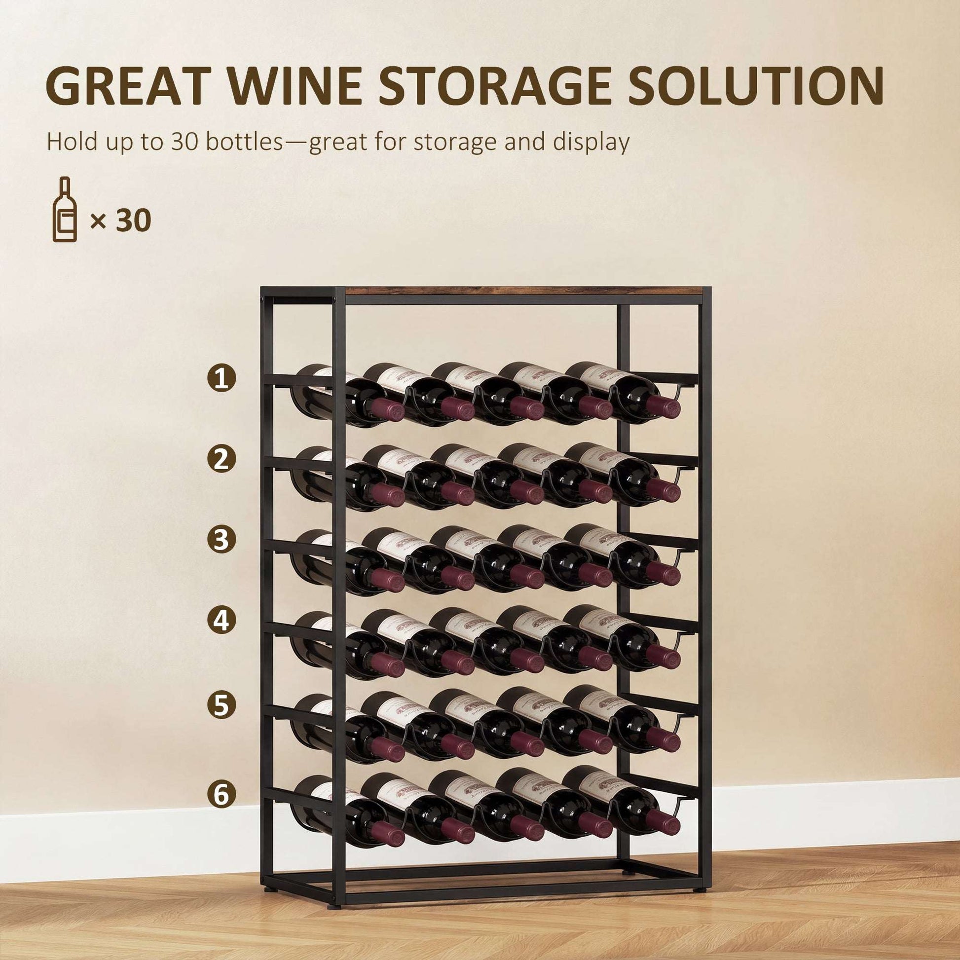 Freestanding Wine Rack | 6-Tier | 30 Bottles | Wood Effect Tabletop | Wave Slots | Anti-Tip | 59x30x88.5cm | Rustic Brown