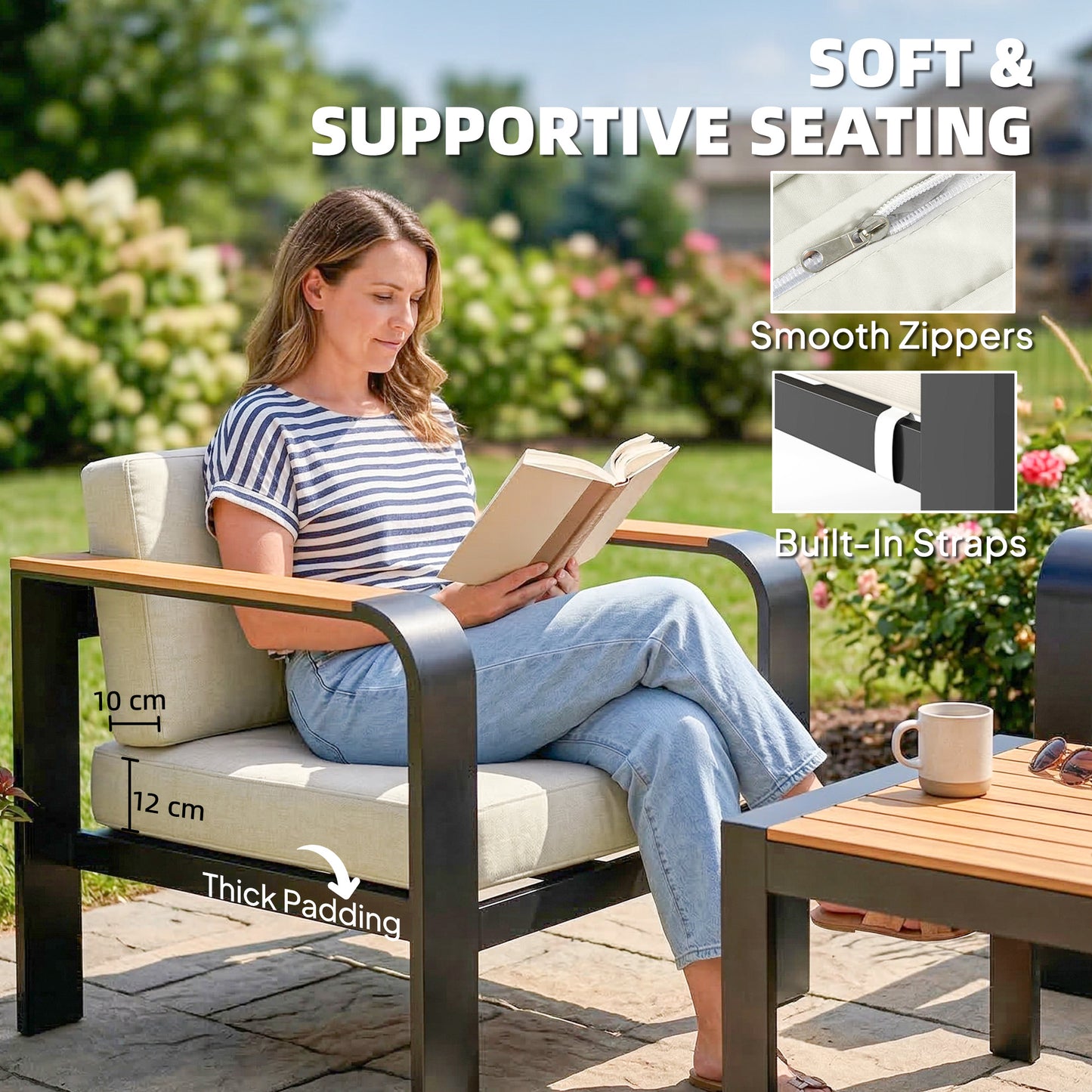 Aluminium Garden Corner Sofa Set | L-Shaped Sofa, Armchair & Table | 12cm Olefin Cushions | Beige