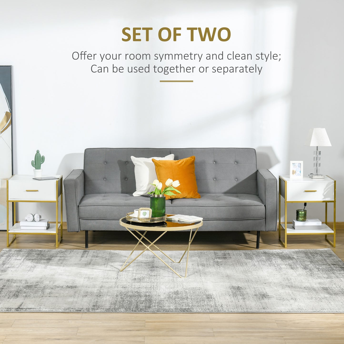 Bedside Table Set of 2, Modern Side Table with Drawer and Shelf, Nightstand for Bedroom - White