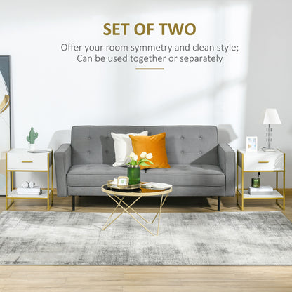 Bedside Table Set of 2, Modern Side Table with Drawer and Shelf, Nightstand for Bedroom - White