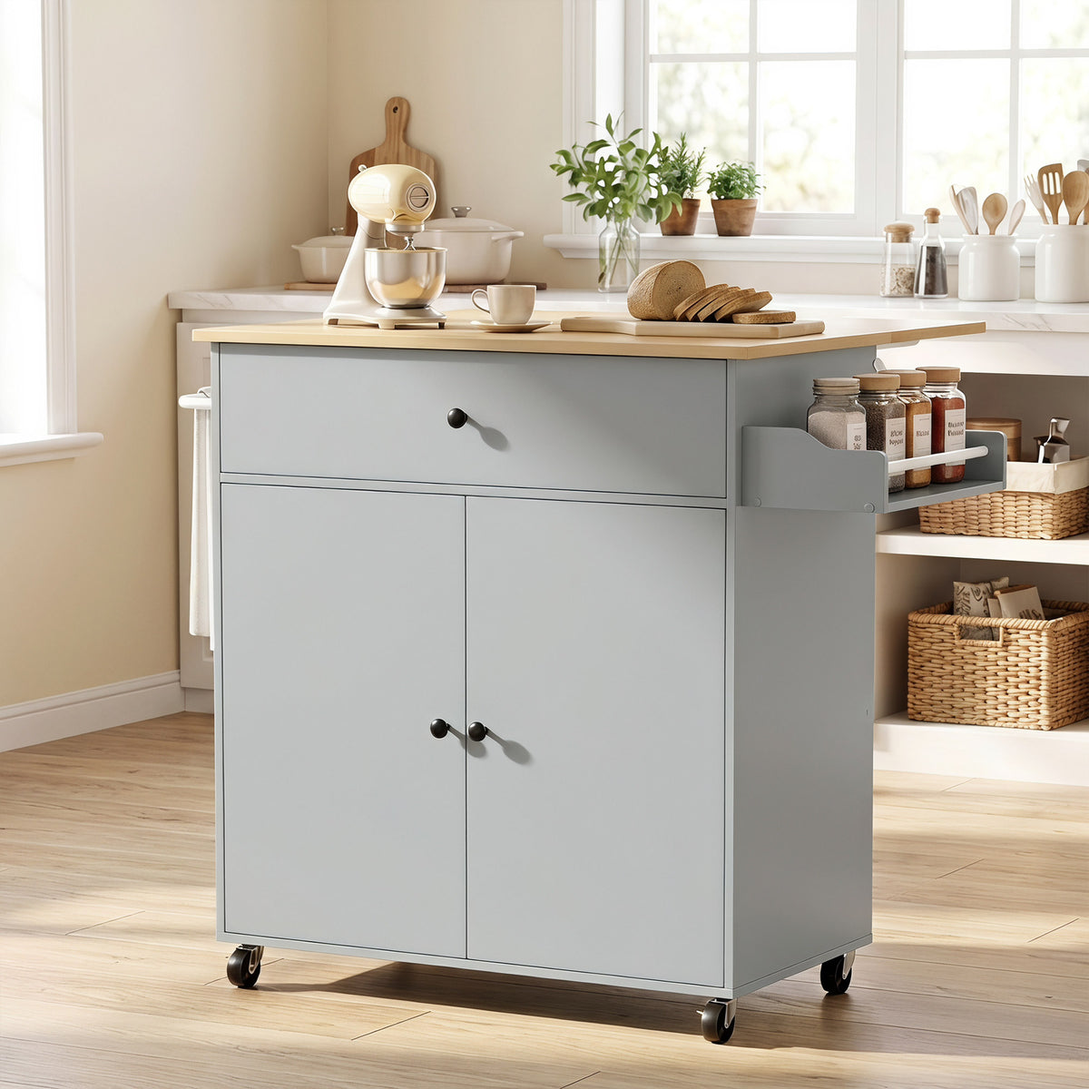 Kitchen Island Trolley with Drop-Leaf | Drawer | Cabinet & 3-Level Shelf | Spice Rack | Towel Rack | 4 Wheels 2 Brakes | Melamine Top | 50kg Total | 106x42x87cm | Grey / Black