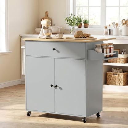Kitchen Island Trolley with Drop-Leaf | Drawer | Cabinet & 3-Level Shelf | Spice Rack | Towel Rack | 4 Wheels 2 Brakes | Melamine Top | 50kg Total | 106x42x87cm | Grey / Black