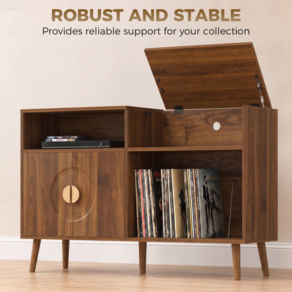 Record Player Stand with Vinyl Storage for 300 Albums | 5 Record Slots | Flip-Top Compartment | Double-Door Cabinet | Cable Hole | Pine Legs | Melamine Finish | 120x40x76cm | Walnut Brown or Black