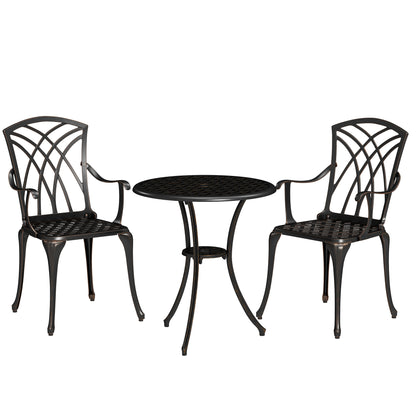 Outsunny 3 Pieces Garden Dining Set for 2, Cast Aluminium Outdoor Garden Furniture Dining Set with 2 Armchairs and Round Table