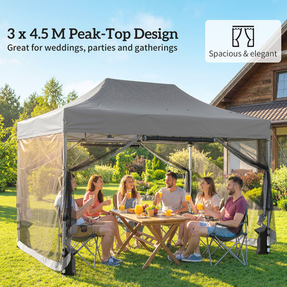 3x4.5m Pop Up Gazebo | UPF50+ 420D Oxford Roof | 4 Removable Mesh Sides | 3 Height Settings | Full Stability Kit | Wheeled Carry Bag | Dark Grey
