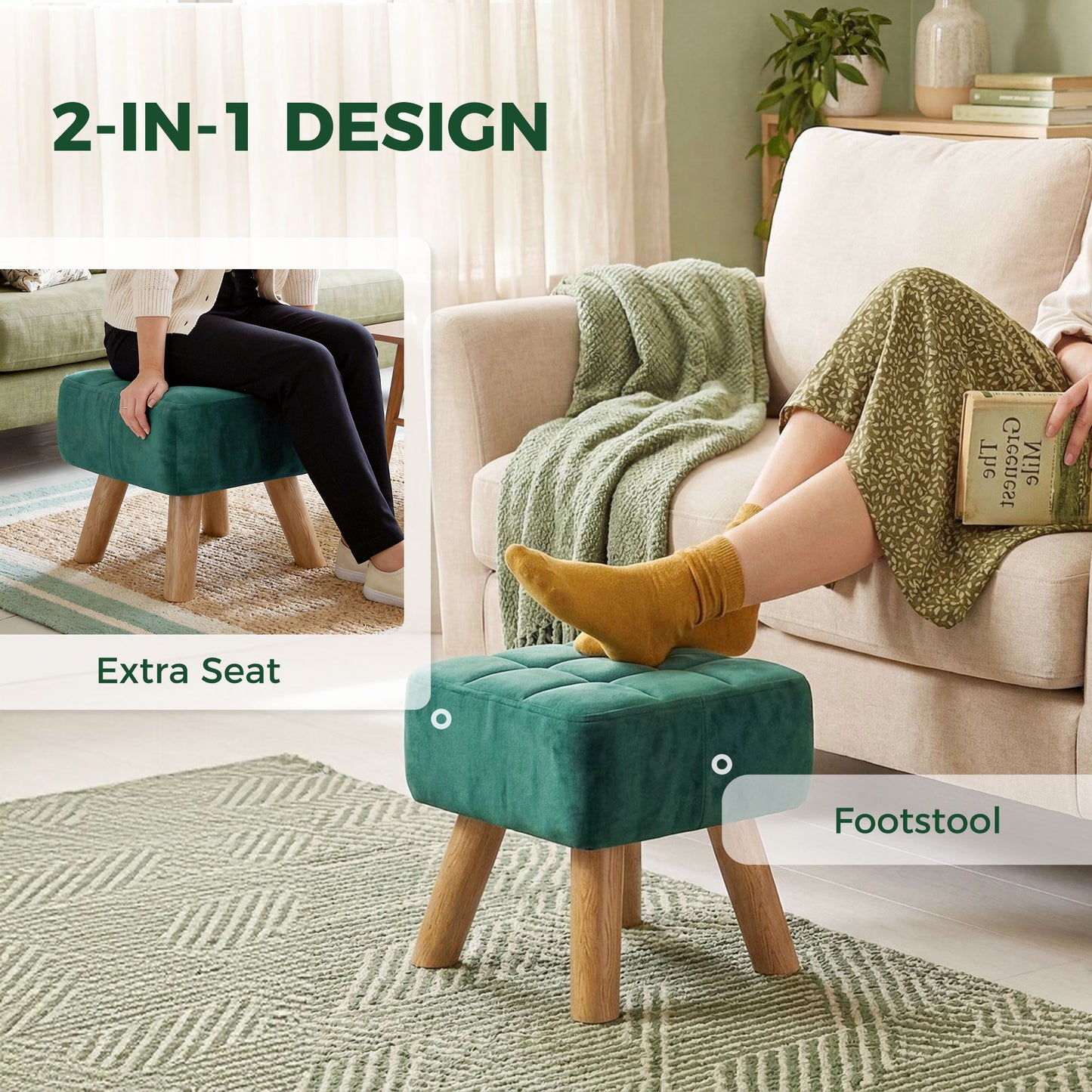 Square Padded Footstool Ottoman Pouffe | Tufted Velvet | Dark Green