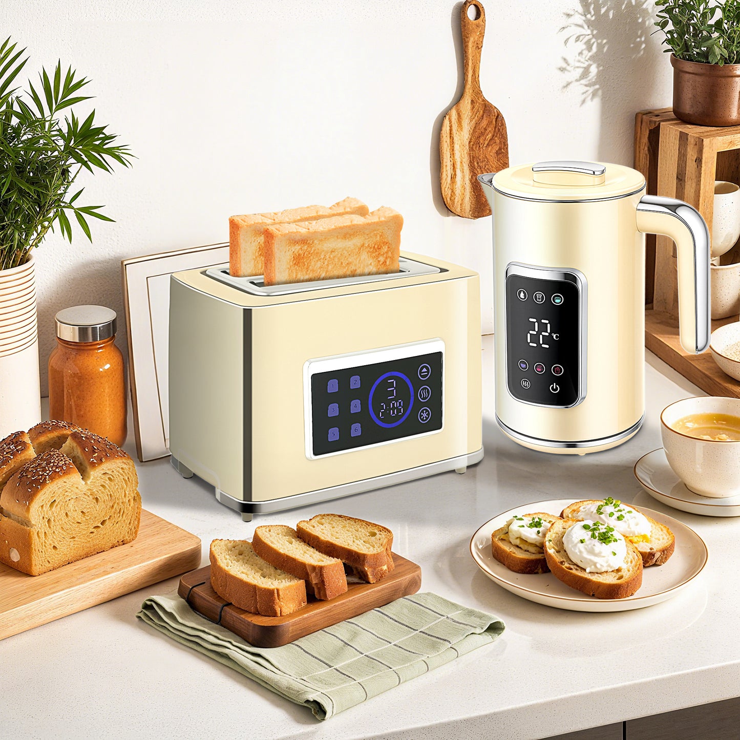 Touch Screen Kettle and Toaster Set - Cream / Grey / Black