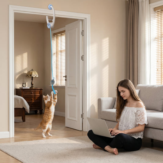 Door Hanging Bouncing Mouse Cat Toy | Touch Sensor | Adjustable Cord | USB-C | 15-Min Timer | White