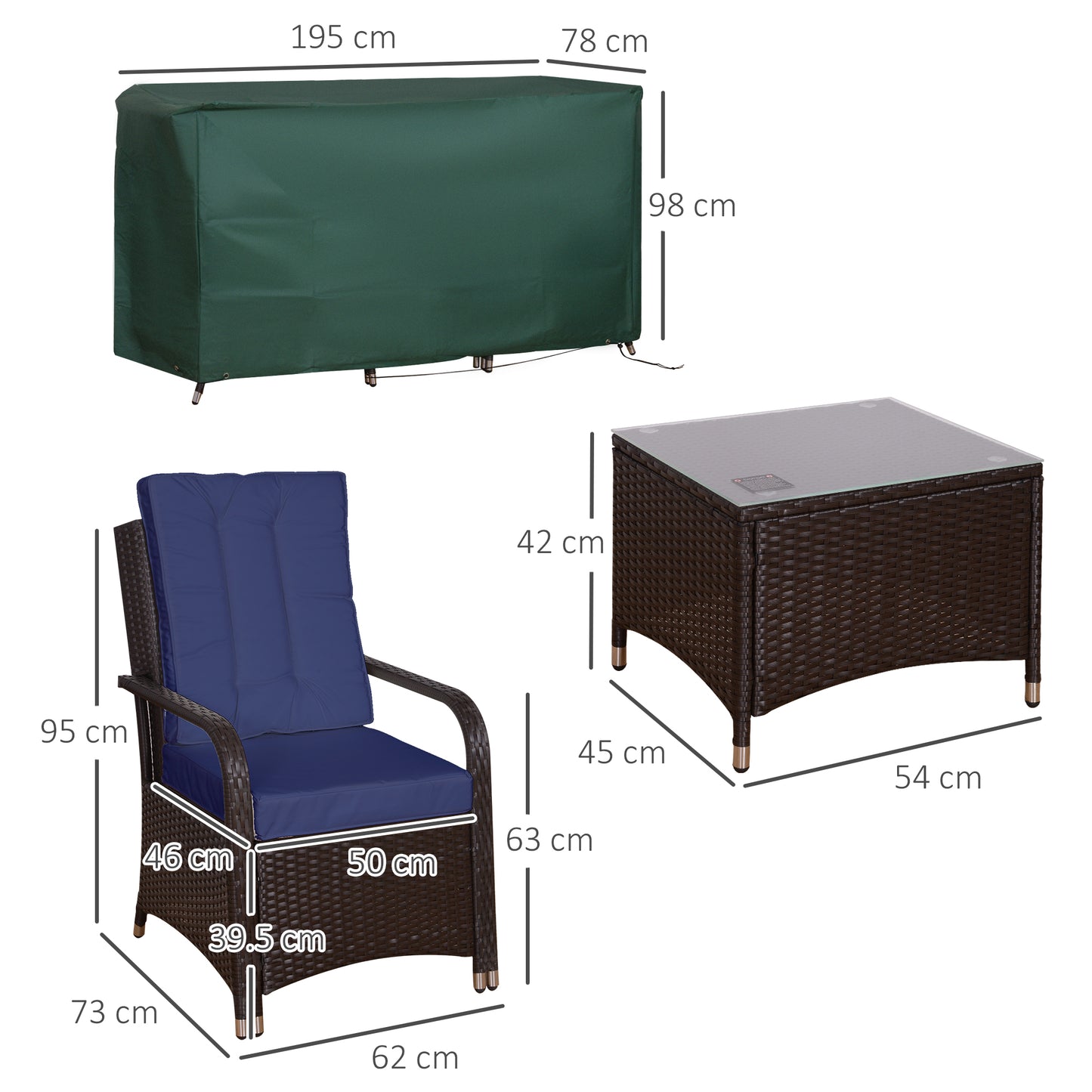 Outsunny 3 Pieces Outdoor Rattan Bistro Set, Patio Wicker Balcony Furniture With Steel Frame, Conservatory Set Coffee Table & Cover, Dark Blue