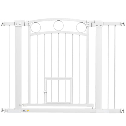 PawHut 77cm Tall Dog Gate with Cat Door, 7cm and 14cm Extensions, for Stairs & Doorways, 76-104cm Width