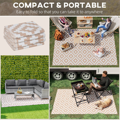 Reversible Outdoor Rug | Waterproof | UV-Resistant Polypropylene 310g | Reinforced Edges | Foldable | 274x182cm | Coffee & White | Patio Garden Camping Beach RV Campervan