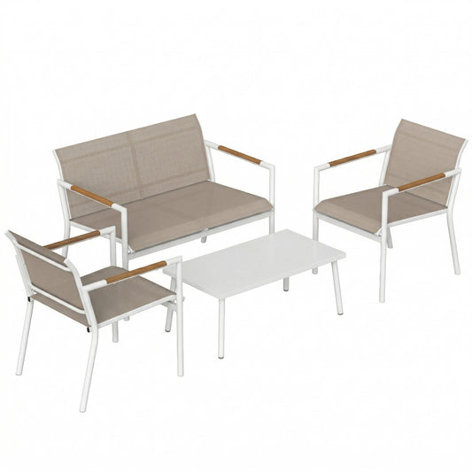 4-Piece Garden Furniture Set | Loveseat, 2 Armchairs & Table | Breathable Mesh | Khaki