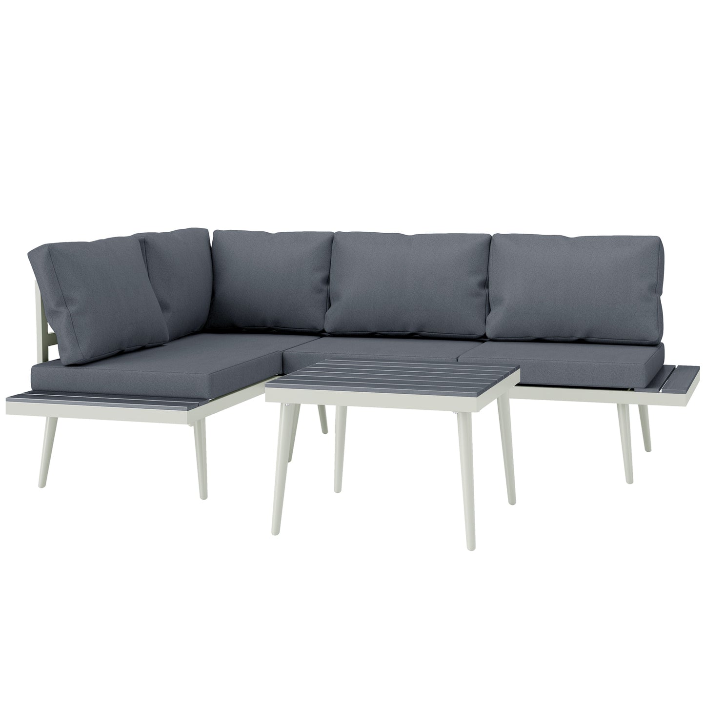 Outsunny 3 Piece Garden Furniture L Shaped Garden Corner Sofa with Cushions, Mesh Seat, Wood-Grain Table, Outdoor Furniture Set , Grey