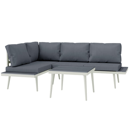 Outsunny 3 Piece Garden Furniture L Shaped Garden Corner Sofa with Cushions, Mesh Seat, Wood-Grain Table, Outdoor Furniture Set , Grey