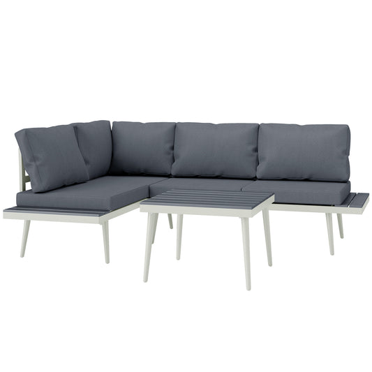 Outsunny 3 Piece Garden Furniture L Shaped Garden Corner Sofa with Cushions, Mesh Seat, Wood-Grain Table, Outdoor Furniture Set , Grey