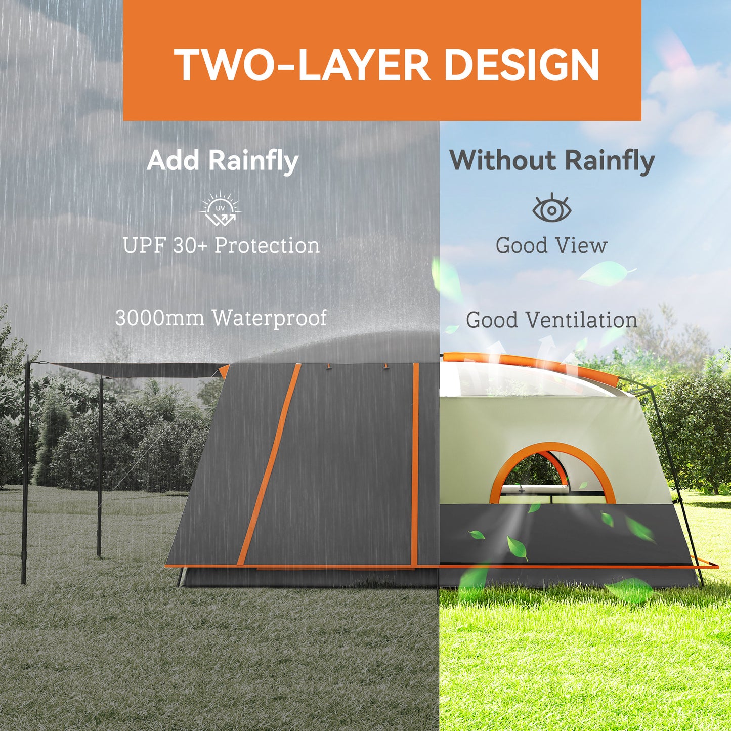 4-6 Man Camping Tent, Double Layer Tunnel Tent with Porch, Living Area and 2 Bedrooms, Sewn in Groundsheet, 3000mm Waterproof, Grey