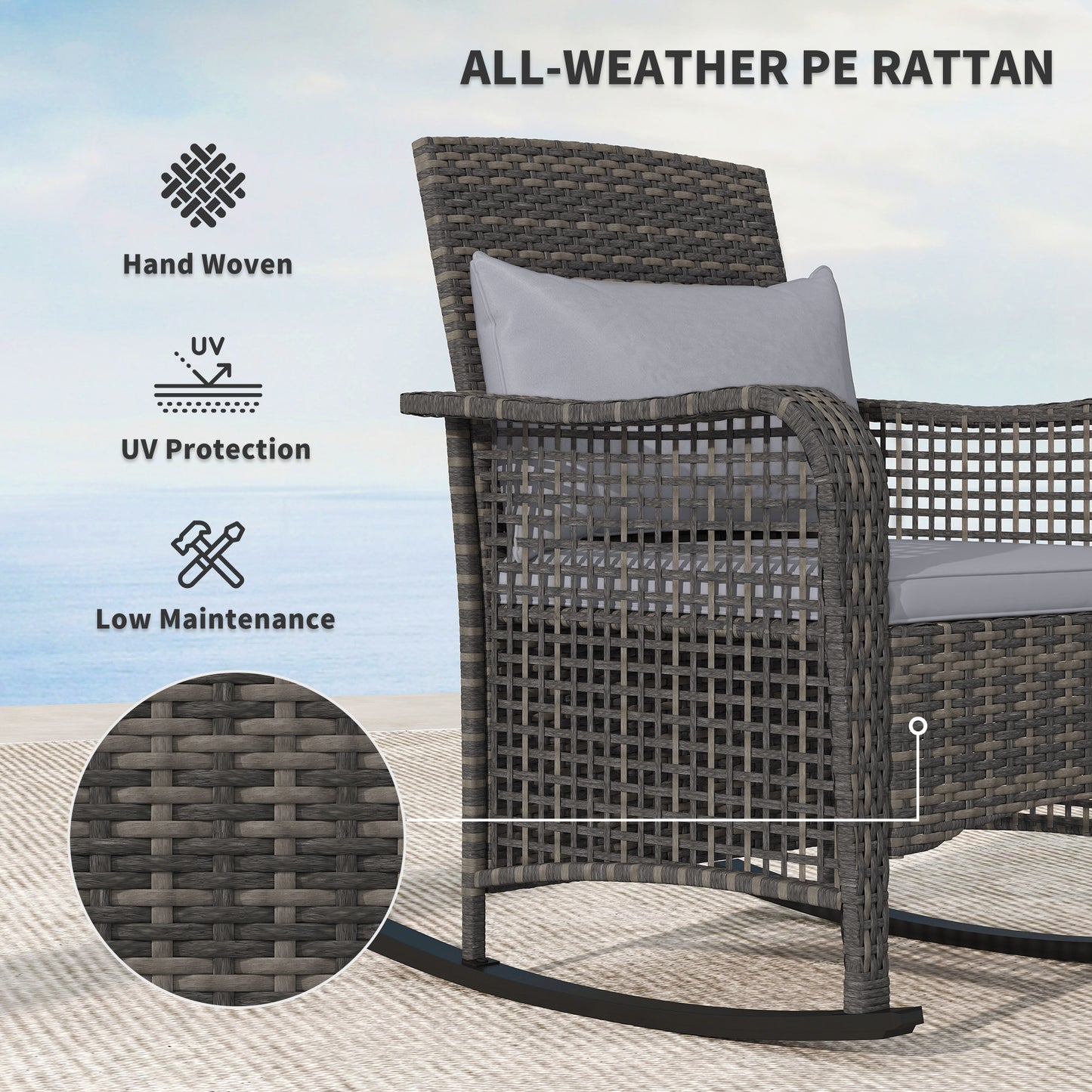 Garden Rocking Chair, Outdoor Rattan Rocker Lounge Chair with Seat and Back Cushions with All-weather Wicker, Steel Frame for Porch Balcony, Light Grey