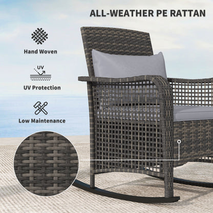 Garden Rocking Chair, Outdoor Rattan Rocker Lounge Chair with Seat and Back Cushions with All-weather Wicker, Steel Frame for Porch Balcony, Light Grey