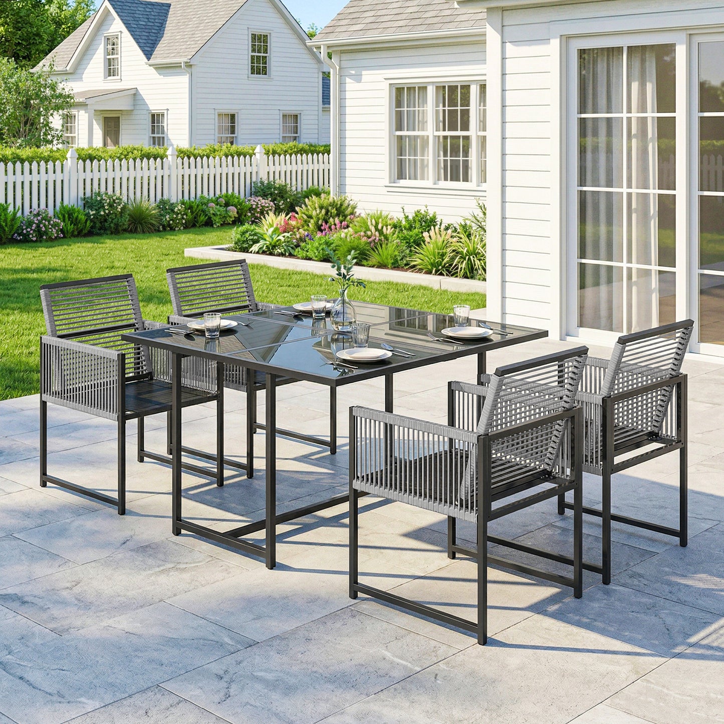 5-Piece Garden Dining Set | Tempered Glass Table | Foldable Chairs | Texteline | Light Grey