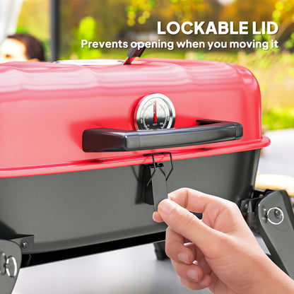 Charcoal Camping Picnic Barbecue Grill Folding BBQ Grill with 1232 cm² Cooking Area, Adjustable Vent, Thermometer, Handles, Red