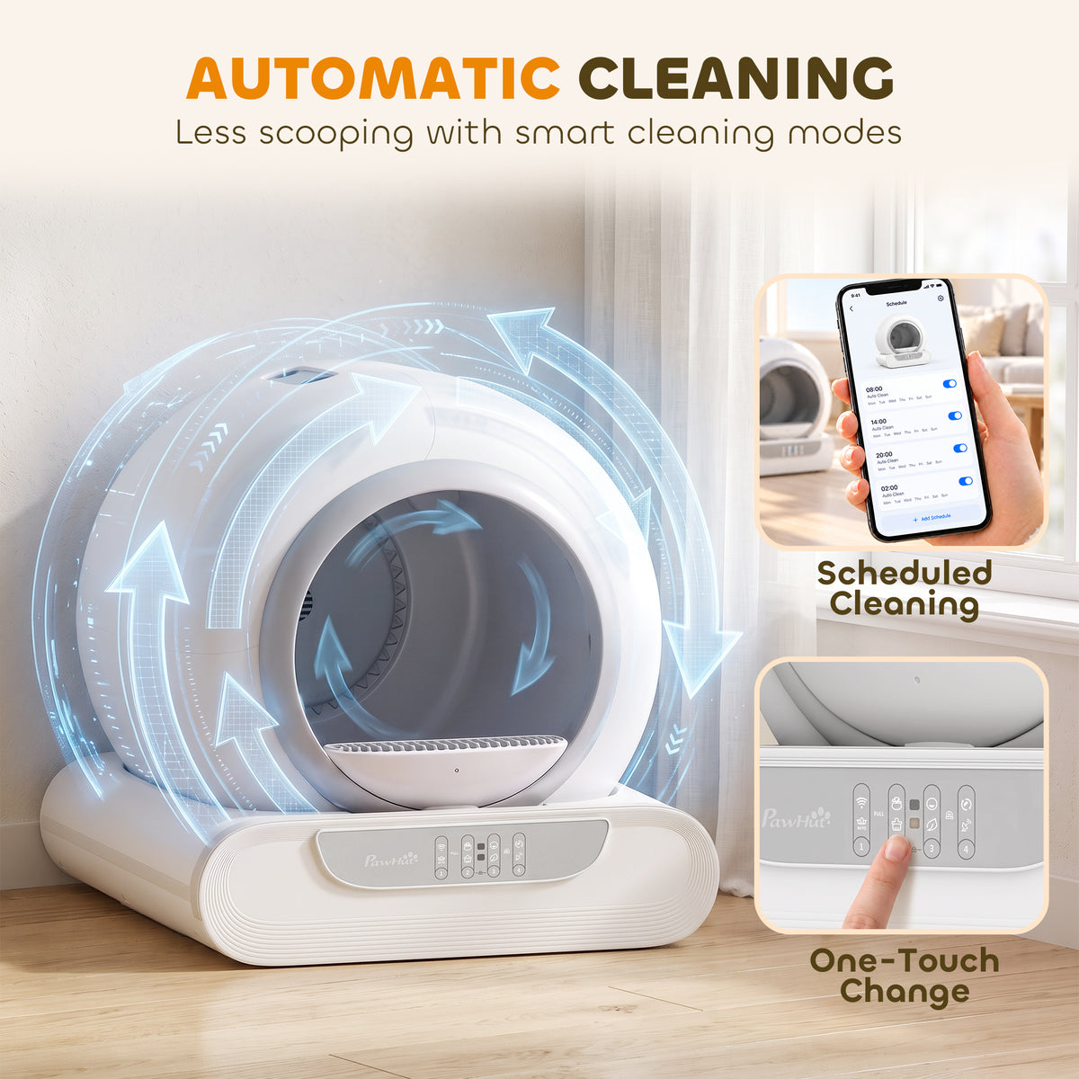 PawHut Self-Cleaning Cat Litter Box | 65L Inner Chamber & 9L Waste Bin | 2.4GHz App Control, Scheduled Cleaning & Low Entry | White/Grey