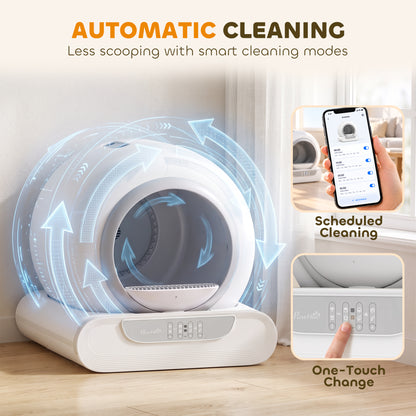 PawHut Self-Cleaning Cat Litter Box | 65L Inner Chamber & 9L Waste Bin | 2.4GHz App Control, Scheduled Cleaning & Low Entry | White/Grey