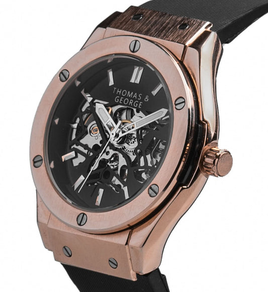 Thomas & George Norway Automatic Skeleton Watch | 42mm Rose-Gold-Tone Alloy Case & Black Dial | Flexible Black Silicone Strap | Optional Luxury Box