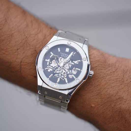 Thomas & George Norway Alloy Edition Automatic Skeleton Watch | 42mm Round Silver-Tone Alloy Case & Stainless Steel Bracelet | Optional Luxury Box