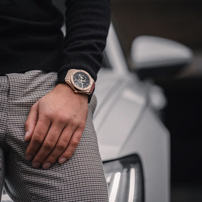 Thomas & George Norway Automatic Skeleton Watch | 42mm Rose-Gold-Tone Alloy Case & Black Dial | Flexible Black Silicone Strap | Optional Luxury Box