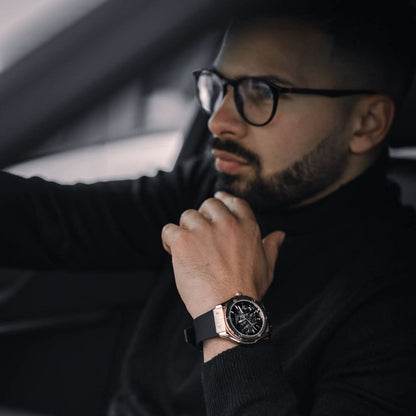 Thomas & George Norway Automatic Skeleton Watch | 42mm Rose-Gold-Tone Alloy Case & Black Dial | Flexible Black Silicone Strap | Optional Luxury Box