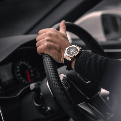 Thomas & George Norway Automatic Skeleton Watch | 42mm Rose-Gold-Tone Alloy Case & Black Dial | Flexible Black Silicone Strap | Optional Luxury Box