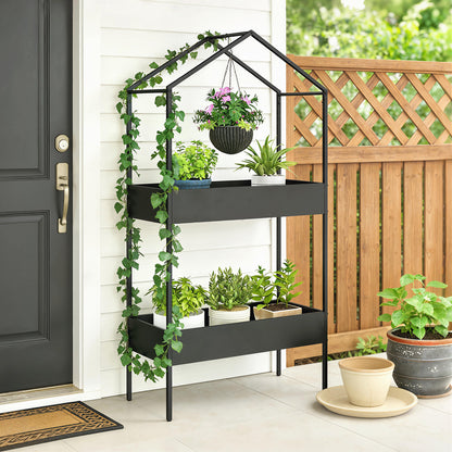 2-Tier House-Shaped Plant Stand with Top Hook | Powder-Coated Metal | 13cm Raised Edges | Adjustable Levelling Feet | 40kg per Tier | 80kg Total | 75x35x150cm | Indoor & Outdoor | Black