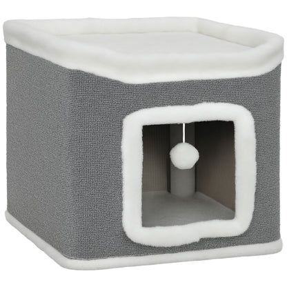 PawHut Cat House for Indoor Kittens, 2-Level Cat Cave Bed with Fluffy Balls, Top Bed, Kitten Barrel for Multi Kitties, Grey