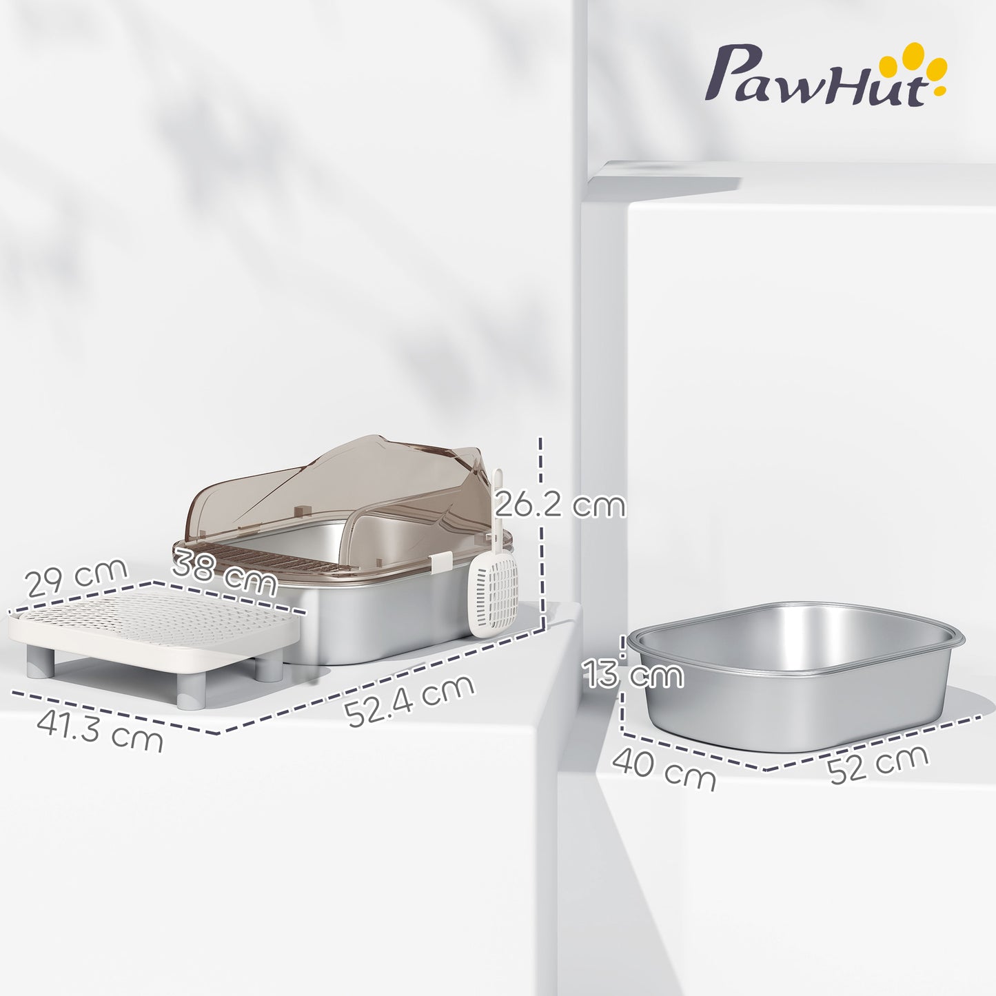 PawHut Stainless Steel Litter Box with Lid, High Wall Sided Enclosure, Pedal, Scoop, Non-Sticky, Anti-Leakage, Easy Cleaning
