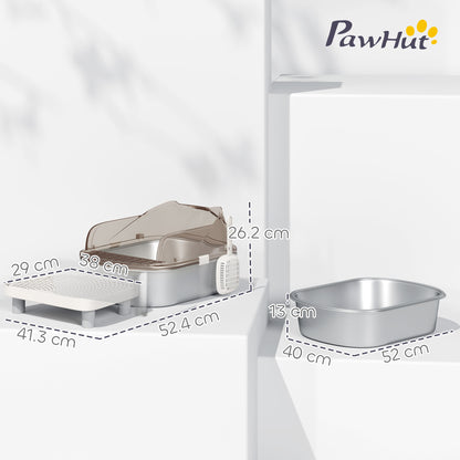 PawHut Stainless Steel Litter Box with Lid, High Wall Sided Enclosure, Pedal, Scoop, Non-Sticky, Anti-Leakage, Easy Cleaning