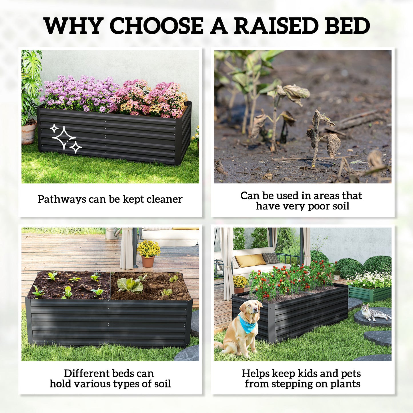 Deep Galvanised Steel Raised Garden Bed | Multi-Reinforced Rods | Protective Coating | Open Bottom | Indoor & Outdoor | 180x90x59cm | Plants Veg Herbs & Flowers | Black