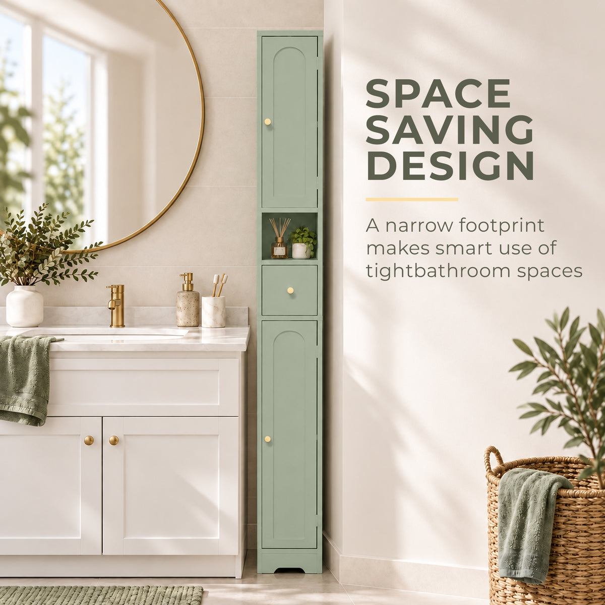 Slim Tall Bathroom Cabinet | 185H x 20W x 20D cm | 2 Arched Doors, Drawer & Adjustable Shelves | Light Green