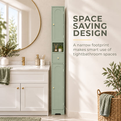 Slim Tall Bathroom Cabinet | 185H x 20W x 20D cm | 2 Arched Doors, Drawer & Adjustable Shelves | Light Green