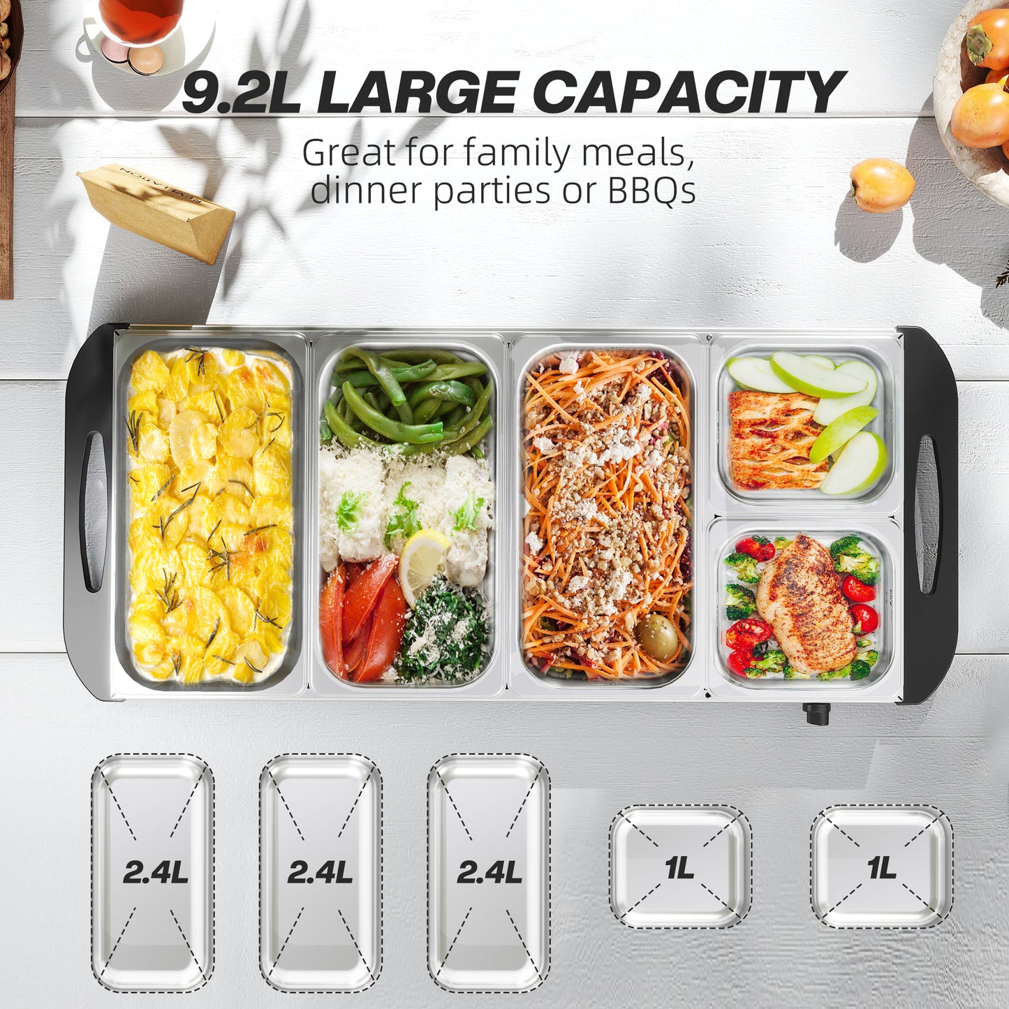 Electric Food Warmer 5 Tray, 9.2L Portable Buffet Server and Warming Tray with Lids, Adjustable Temperature Control and Cool Touch Handles