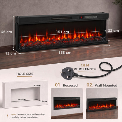 153cm Electric Fireplace Insert | 3-Sided Panoramic Log Effect | 900/1800W, 12 Colours, Remote & Weekly Timer | Black