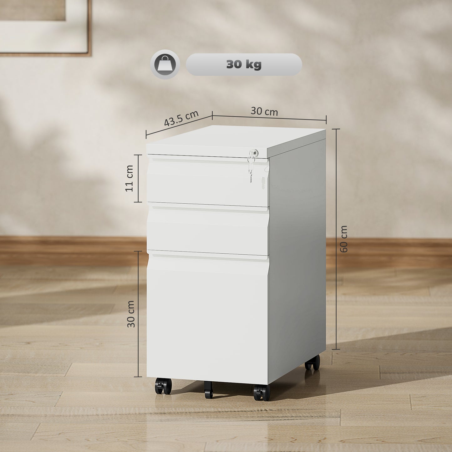 3 Drawer Slim Mobile Steel Filing Cabinet | Under Desk | 30x43.5x60cm | Lockable | A4 Legal Letter | Pencil Tray | 5 Casters Anti-Tip | Printer Stand | 30kg | White