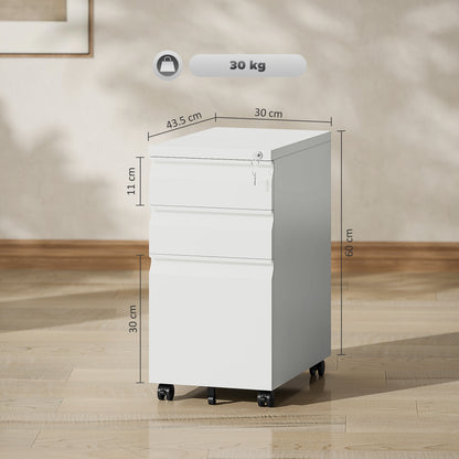 3 Drawer Slim Mobile Steel Filing Cabinet | Under Desk | 30x43.5x60cm | Lockable | A4 Legal Letter | Pencil Tray | 5 Casters Anti-Tip | Printer Stand | 30kg | White