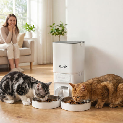 PawHut 7L Automatic Cat & Small Dog Feeder | Tuya App, 2.4GHz & 5GHz Wi-Fi | Dual Bowls, 15 Meals a Day & Battery Backup | White