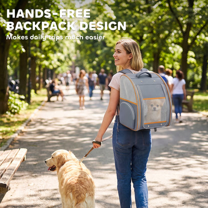 Foldable Pet Backpack Carrier | Breathable Mesh Windows | Removable Rigid Base | 600D Waterproof Oxford | Side Storage | 37.5x34x42cm | Folds to 43x39x9cm | 5kg | Cats Dogs Rabbits | Grey