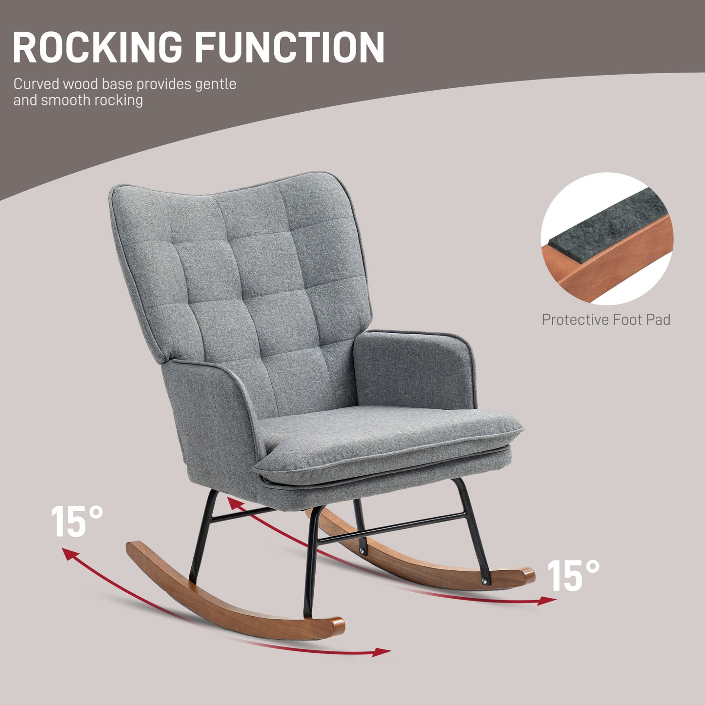 Retro Vintage Style Linen-Look Rocking Chair And Ottoman Set - Grey