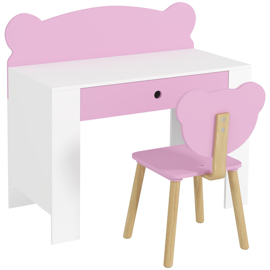 Kids Desk & Chair Set with Drawer – Bear Theme, Easy-Clean Surface, 80cm Desk, For Drawing, Reading & Crafts, Ages 3–8 – Pink